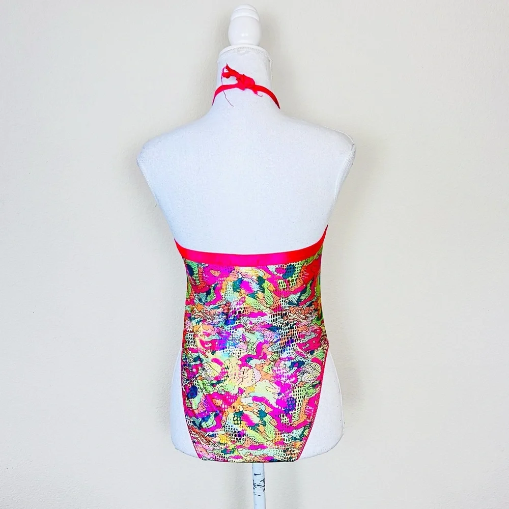 HTF Club Exx Hot Pink & Green Foil Lace Up Rivet Strappy Rave Halter Bodysuit - Picture 3 of 15